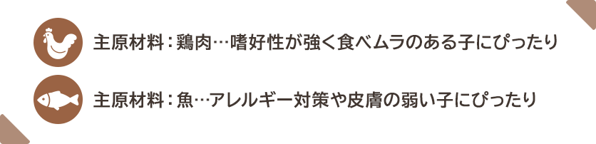 主原材料:鶏肉…嗜好性が強く食べムラのある子にぴったり 主原材料:魚…アレルギー対策や皮膚の弱い子にぴったり