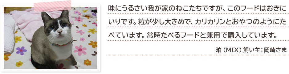 味にうるさい我が家のねこたちですが、このフードはおきにいりです。粒が少し大きめで、カリカリンとおやつのようにたべています。常時たべるフードと兼用で購入しています。 珀(MIX)飼い主:岡崎さま