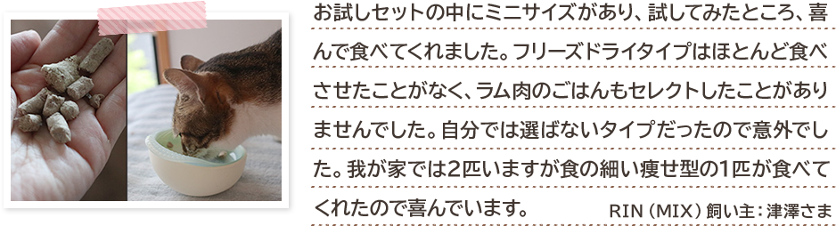 お試しセットの中にミニサイズがあり、試してみたところ、喜んで食べてくれました。フリーズドライタイプはほとんど食べさせたことがなく、ラム肉のごはんもセレクトしたことがありませんでした。自分では選ばないタイプだったので意外でした。我が家では2匹いますが食の細い痩せ型の1匹が食べてくれたので喜んでいます。 RIN(MIX)飼い主:津澤さま