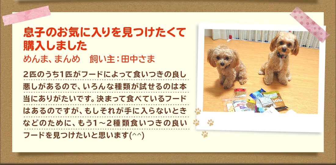 息子のお気に入りを見つけたくて購入しましためんま、まんめ 飼い主:田中さま 2匹のうち1匹がフードによって食いつきの良し悪しがあるので、いろんな種類が試せるのは本当にありがたいです。決まって食べているフードはあるのですが、もしそれが手に入らないときなどのために、もう1〜2種類食いつきの良いフードを見つけたいと思います(^^)