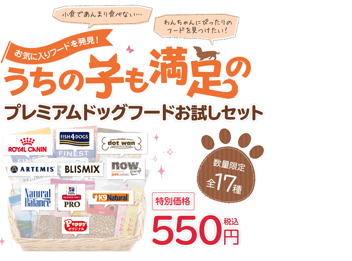 小食であんまり食べない… わんちゃんにぴったりのフードを見つけたい! お気に入りフードを発見! うちの子も満足のプレミアムドッグフードお試しセット 数量限定全17種 特別価格 550円税込
