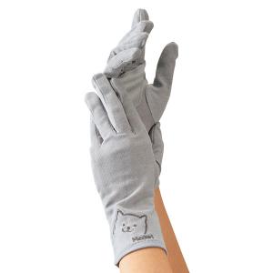  抗菌鹿の子ＵＶケアグッズ 五指手袋 猫刺繍 杢スモークグレー
